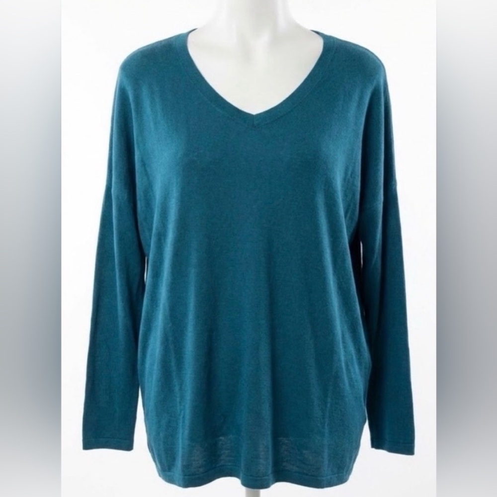 CAbi long sleeve T shirt in color teal. V neck. Relaxed fit. Women’s size small